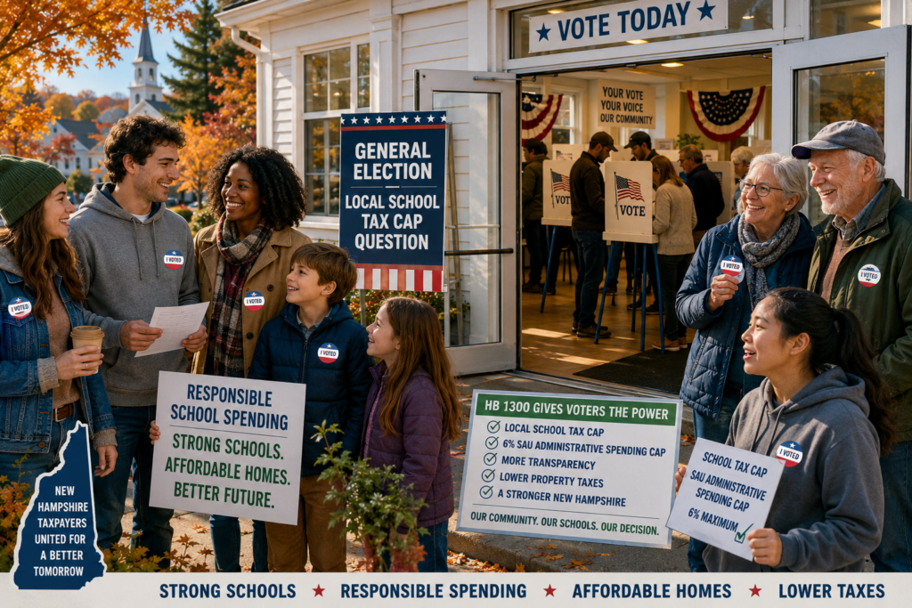 Illustration of voters outside a New Hampshire polling place supporting a local school tax cap ballot question, with signs promoting responsible school spending, transparency, and lower property taxes.